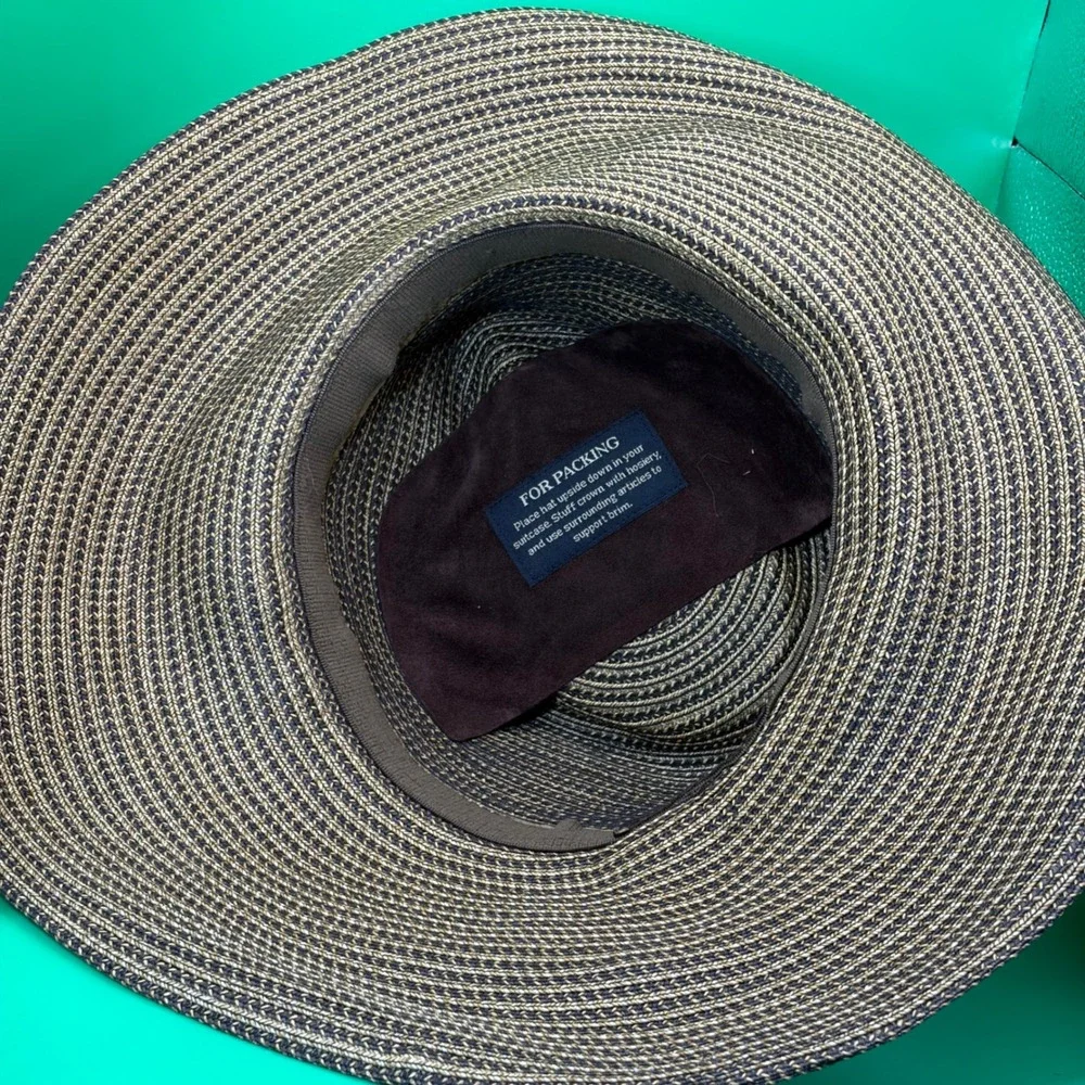 Eric Javits Squishee Sun Hat Packable Brown Woven Straw Faux Croc Band Wide Brim